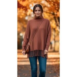 Carmen Marc Valvo Sweater XL Cinnamon color fringeBust 50" CB L 28"Dolman sleeve
